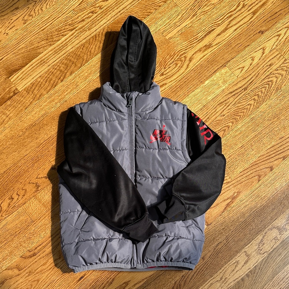 Jordan Gray and Black Puffer Jacket with Red Details